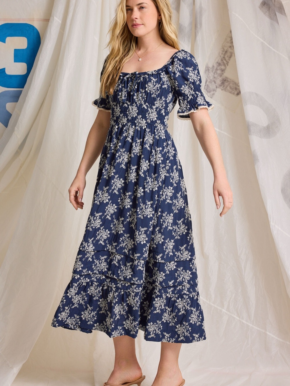 Altar'd State Navy Floral Puff-Sleeve Maxi Dress